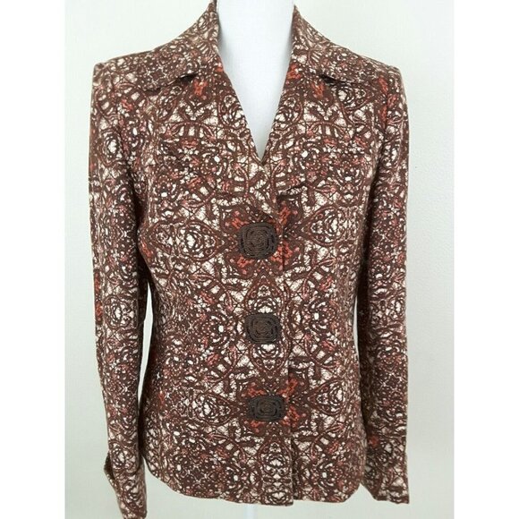 Peck&Peck Weekend~Women's Sz 8~Bronze Rust Ethnic Tribal Print Fall Jacket Linen - Picture 5 of 8